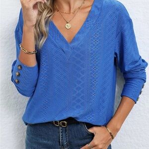 Elegant Blue Lace V-Neck Blouse